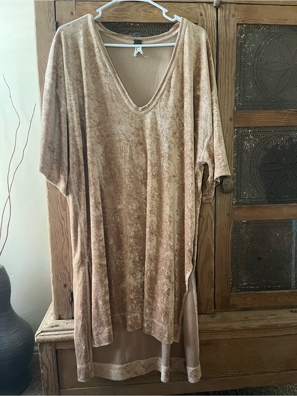 We The Free Velvet V-Neck Tunic Top in Beige Camel